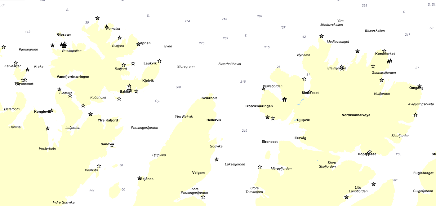 Seekarten von gulesider.no Kjoellefjord, gesamte Halbinsel